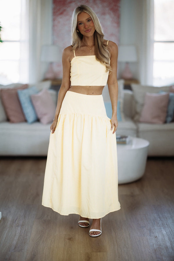 Hazel & Olive A4505/1 Nostalgia Check Maxi Skirt - Lemon Yellow and White