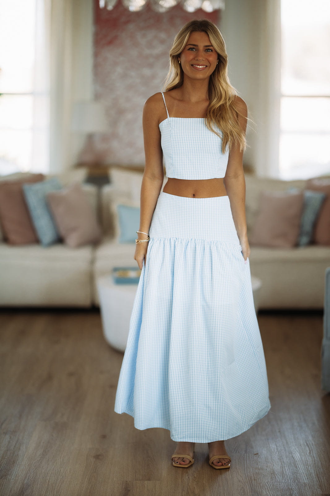 Hazel & Olive A4505 Nostalgia Check Maxi Skirt - Blue and White