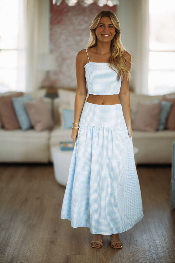 Hazel & Olive A4505 Nostalgia Check Maxi Skirt - Blue and White