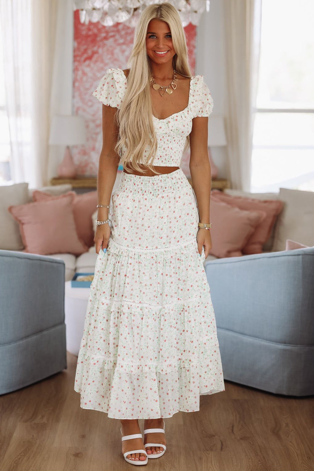 Adeline Crop Top and Maxi Skirt Set by Amy Jane London - White, Green and Red-HAZEL & OLIVE-XSmall-