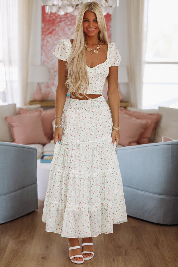 Adeline Crop Top and Maxi Skirt Set by Amy Jane London - White, Green and Red-HAZEL & OLIVE-XSmall-