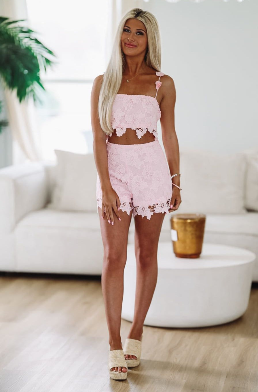 HAZEL & OLIVE Adore Me Two Piece Crop Top and Short Set - Pink