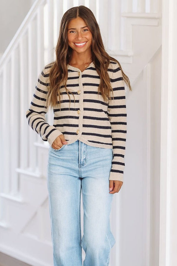 All the Feels Cardigan - Beige and Navy-HAZEL & OLIVE-Small-