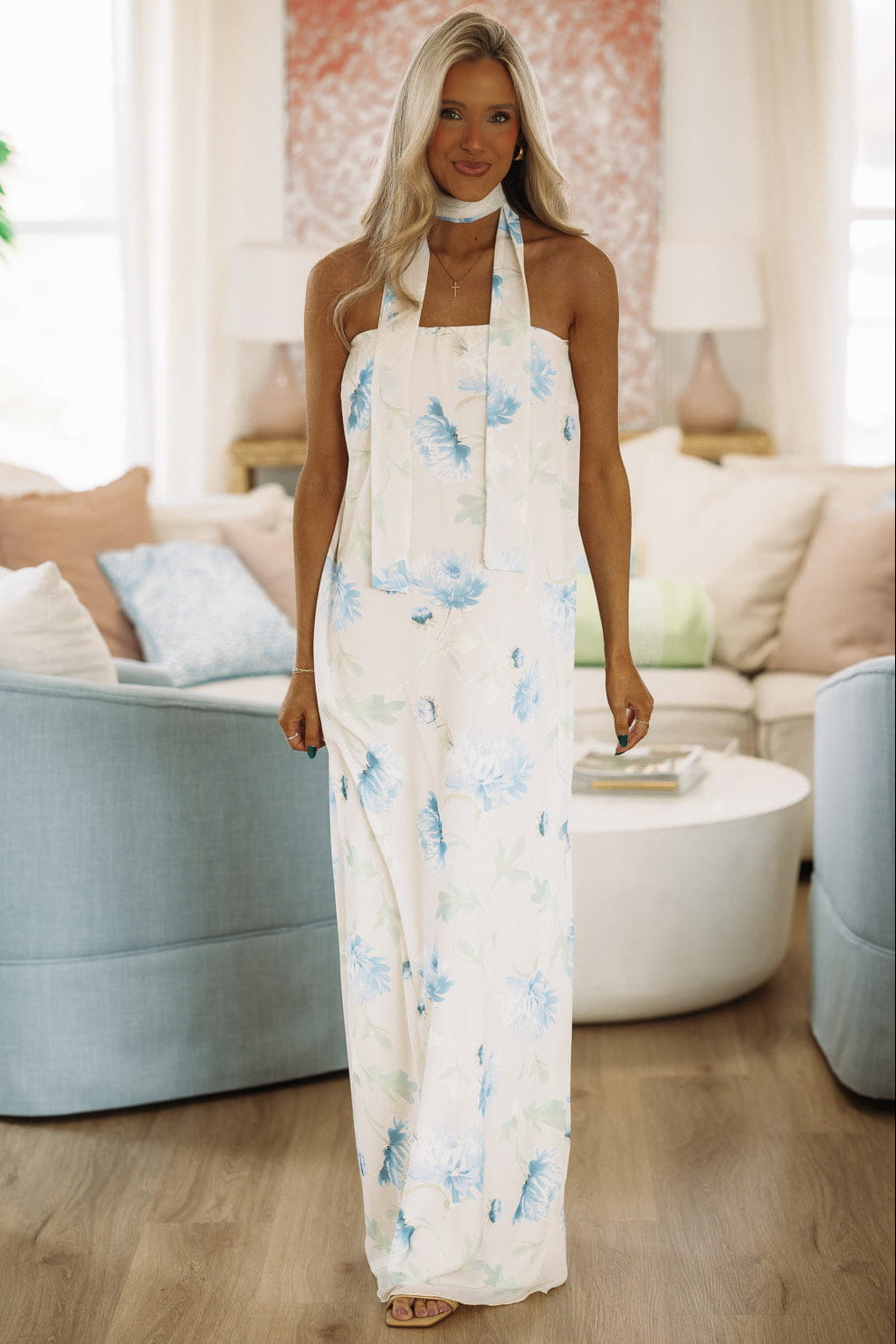 Hazel & Olive BD/00738 Alexia Floral Maxi Dress - Ivory, Blue And Green