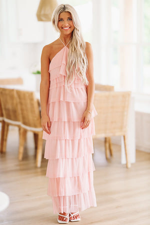 HAZEL & OLIVE Best of You Tulle Ruffle Maxi Gown - Blush Pink