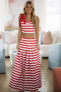 Hazel & Olive BIST4242 2 Steps Ahead Crop Top and Maxi Skirt Set - Red and White