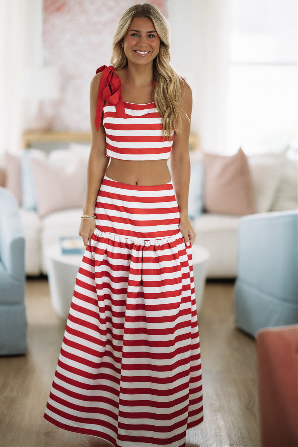 Hazel & Olive BIST4242 2 Steps Ahead Crop Top and Maxi Skirt Set - Red and White