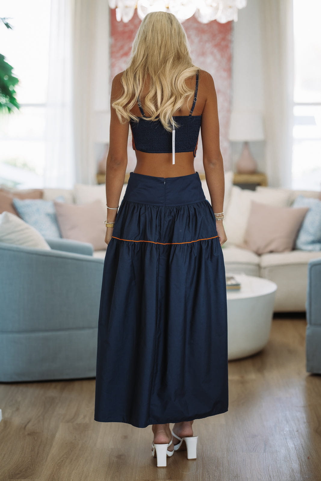 Eaphi WAVE LINE COCOON SKIRT ＋awトップス　セット Marina Muse Crop Top and Maxi Skirt Set - Navy and Orange – Hazel