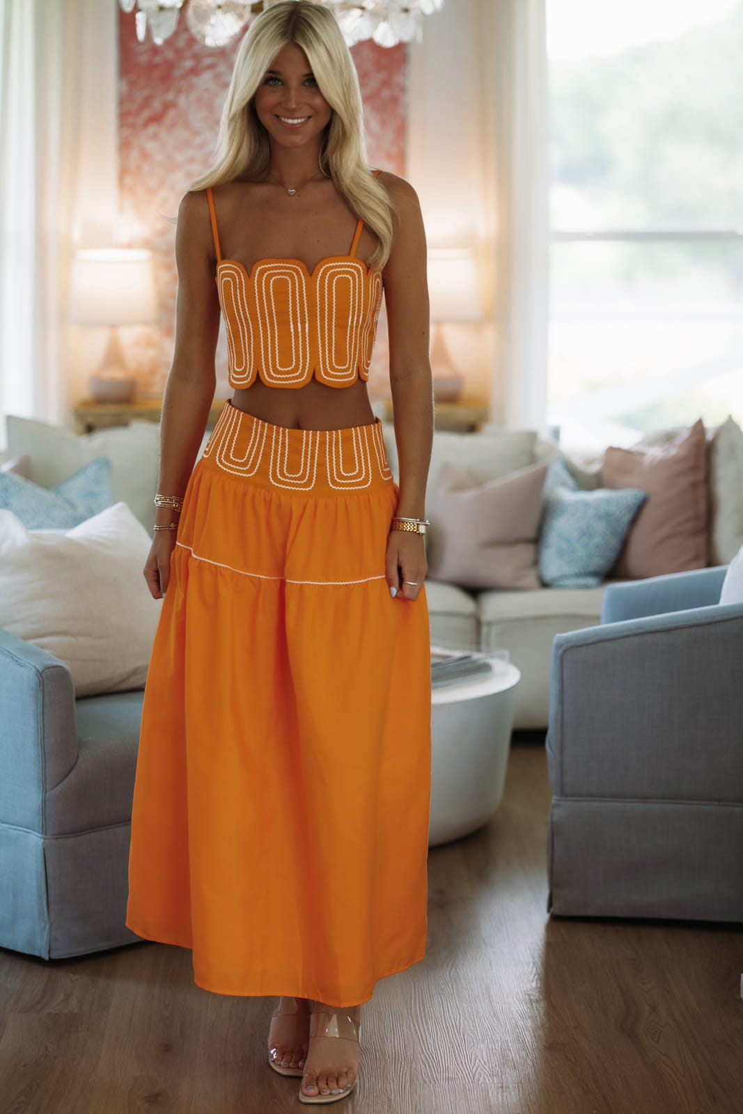 Marina Muse Crop Top and Maxi Skirt Set - Orange and White – Hazel