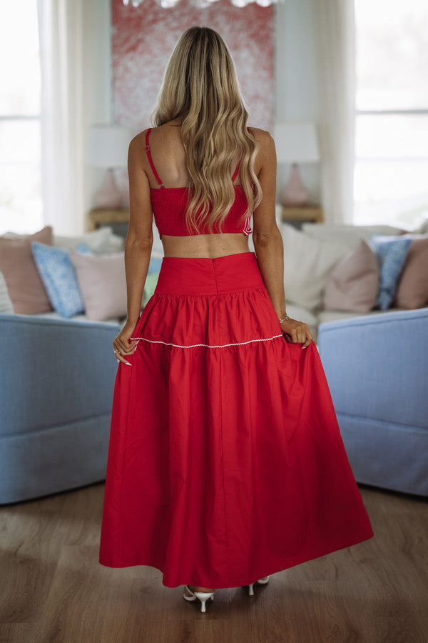 Hazel & Olive BIST4368 Marina Muse Crop Top and Maxi Skirt Set - Red and White