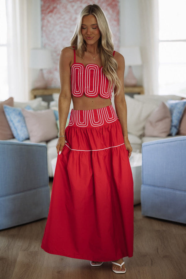 Hazel & Olive BIST4368 Marina Muse Crop Top and Maxi Skirt Set - Red and White