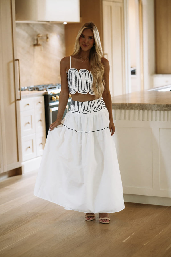 Hazel & Olive BIST4368 Marina Muse Crop Top and Maxi Skirt Set - White and Navy