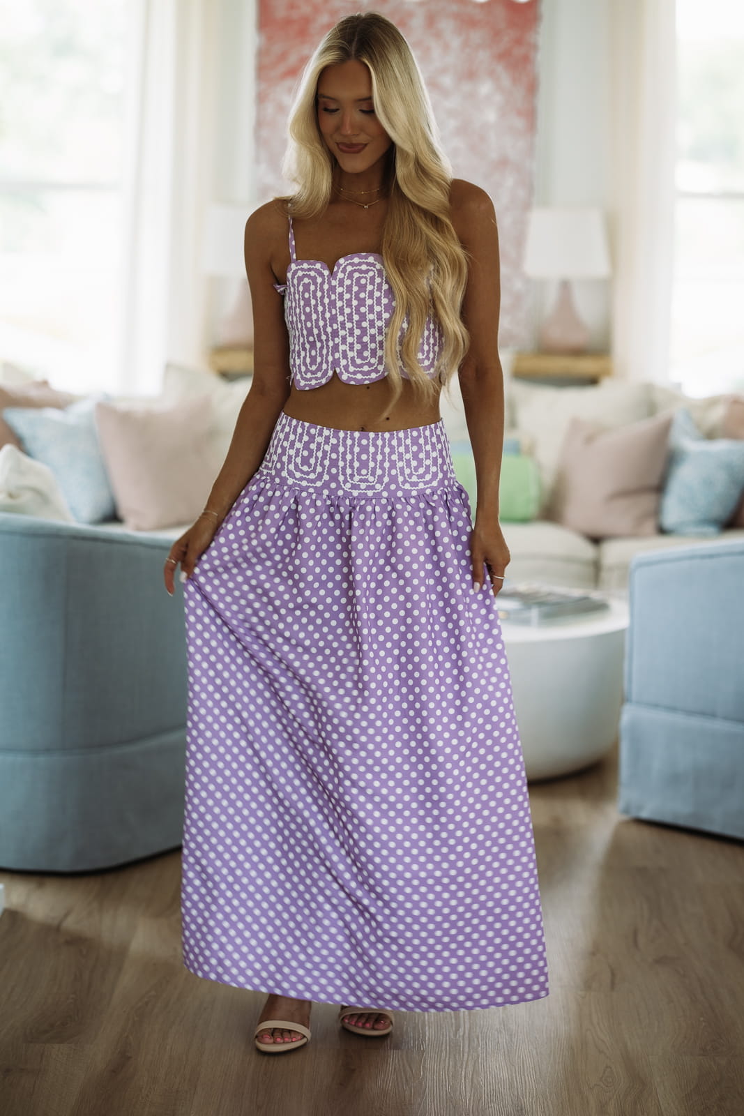 two piece maxi dress set Marina Muse Dots Crop Top and Skirt - Purple and White Color:Barely There fit:Wide Blue Long Sleeve Dresses Hazel and Olive sells