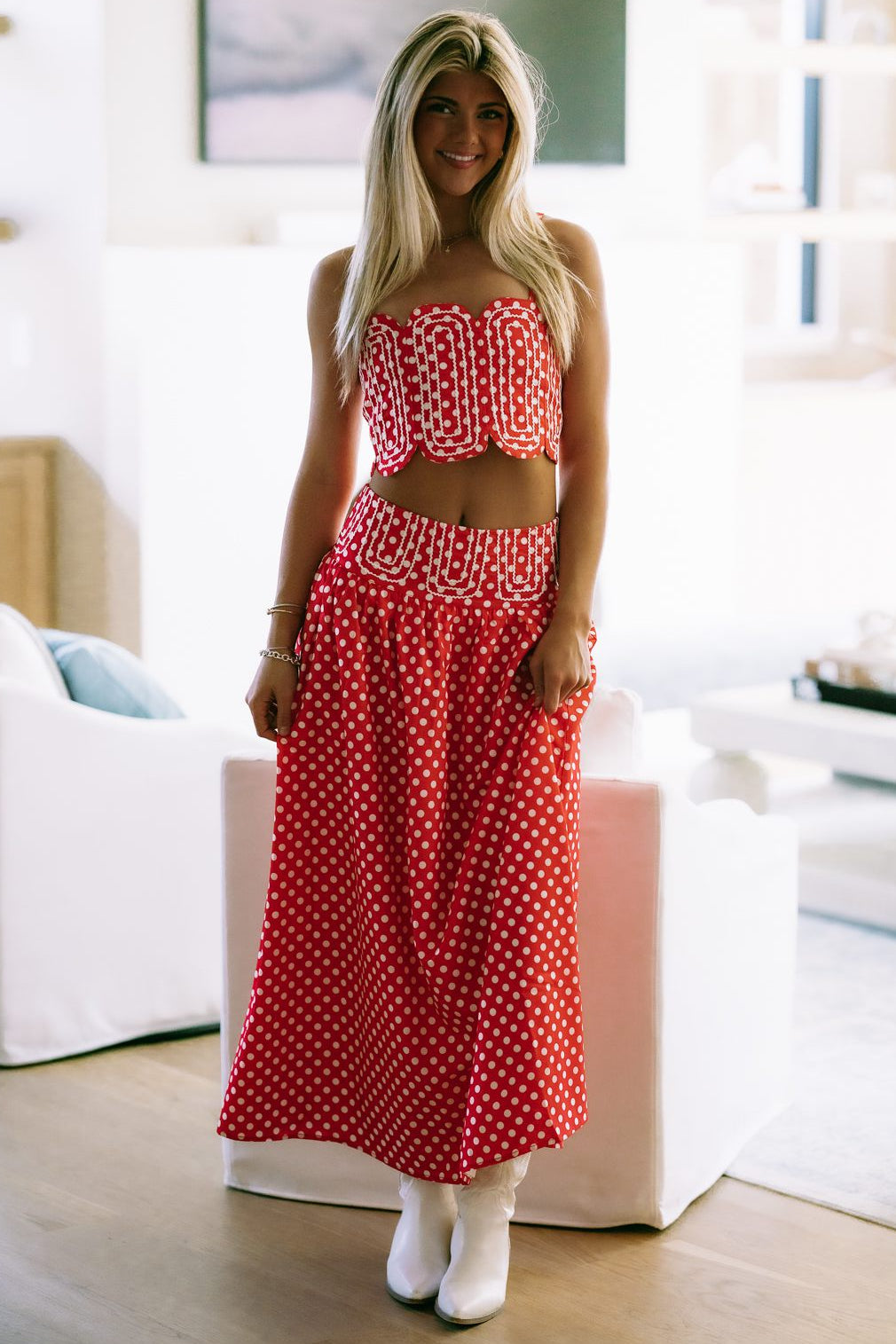 Hazel & Olive BIST4368B Marina Muse Dots Crop Top and Maxi Skirt Set - Red and White