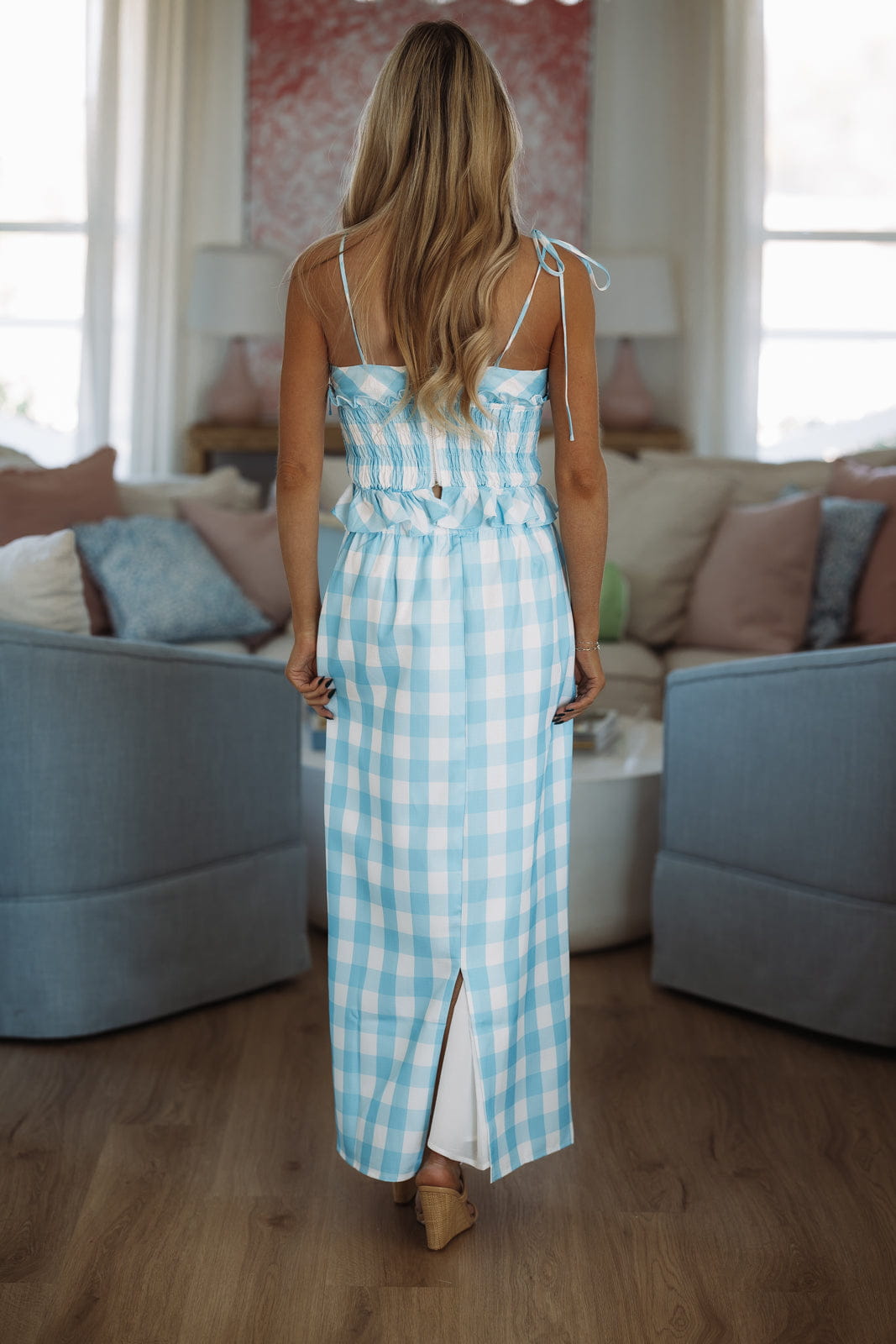 Hazel & Olive BIST4376 2 Cute 2 Handle Midi Skirt and Top - Blue and White