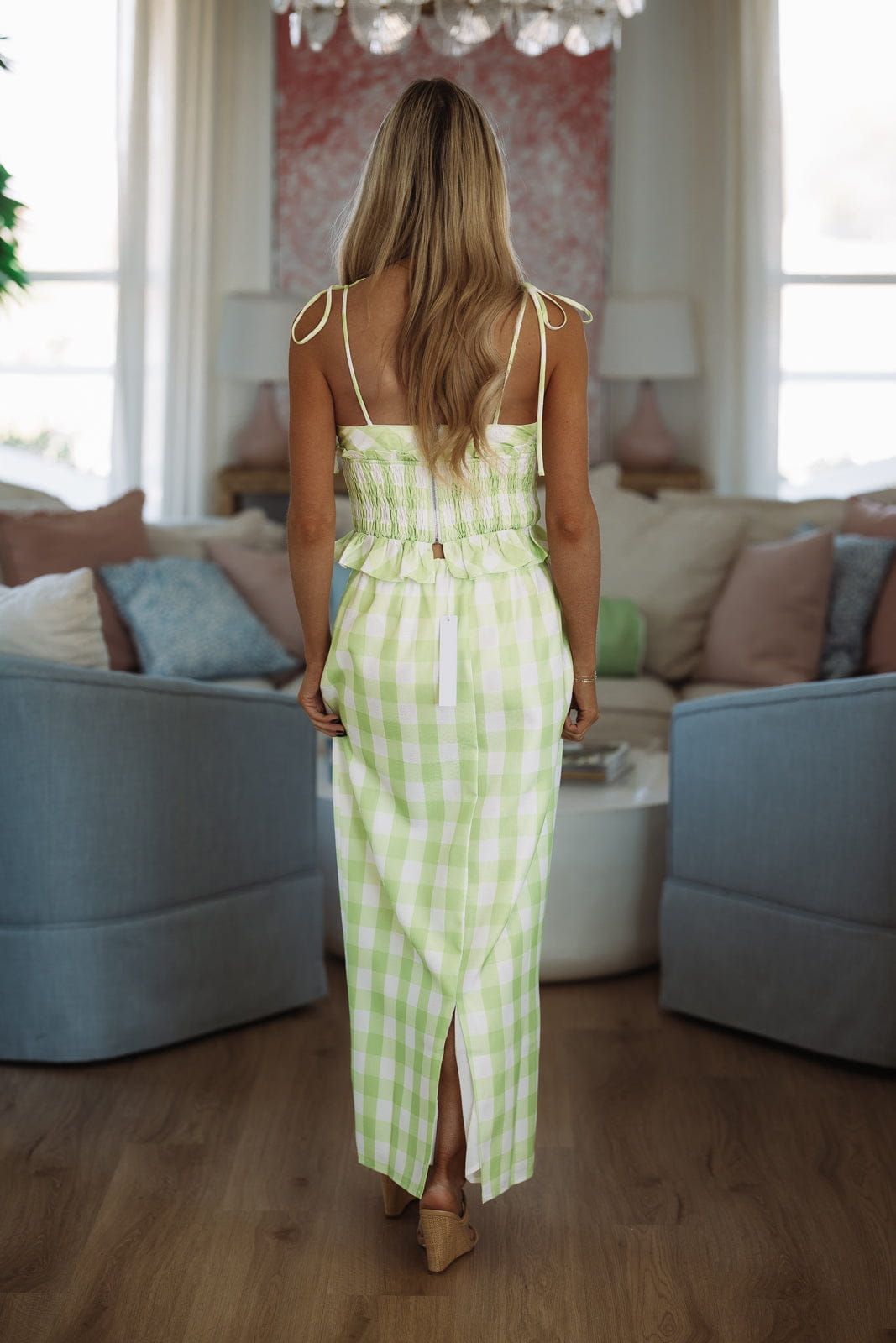 2 Cute 2 Handle Midi Skirt and Top Set - Green and White