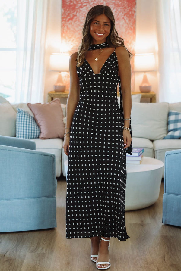 Hazel & Olive C6125D Dot and Drape Maxi Dress - Black and White