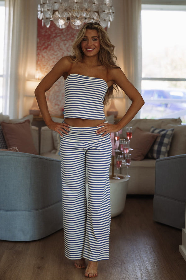 Hazel & Olive Candy Stripes Fold Over Sweatpants - Blue and Ivory