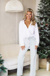 HAZEL & OLIVE Captivating Embellished Cuff Button Down Shirt - White