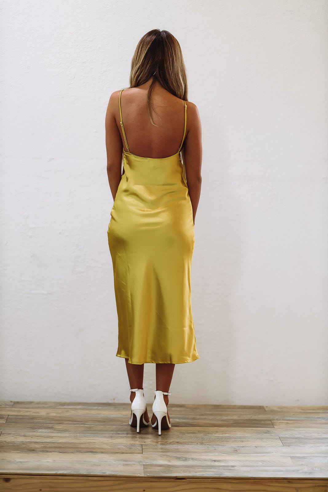 Catching Feelings Satin Midi Dress - Chartreuse-HAZEL & OLIVE-Small-