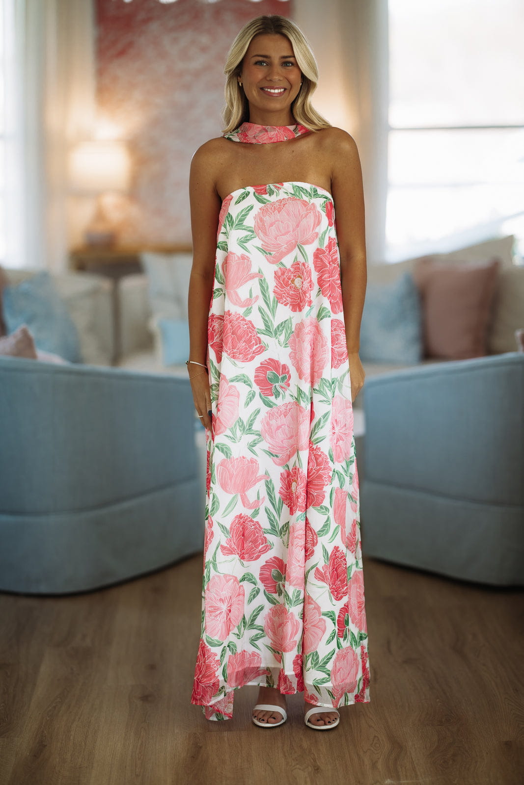 Hazel & Olive CD06526 Loving Me Maxi Dress - White, Pink and Green