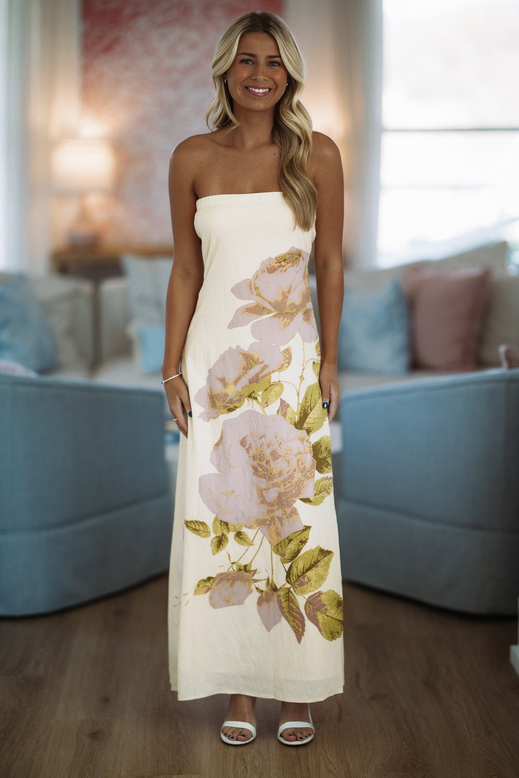 Hazel & Olive CD06646 Blow Kisses Maxi Dress - Butter Yellow, Lavender and Green