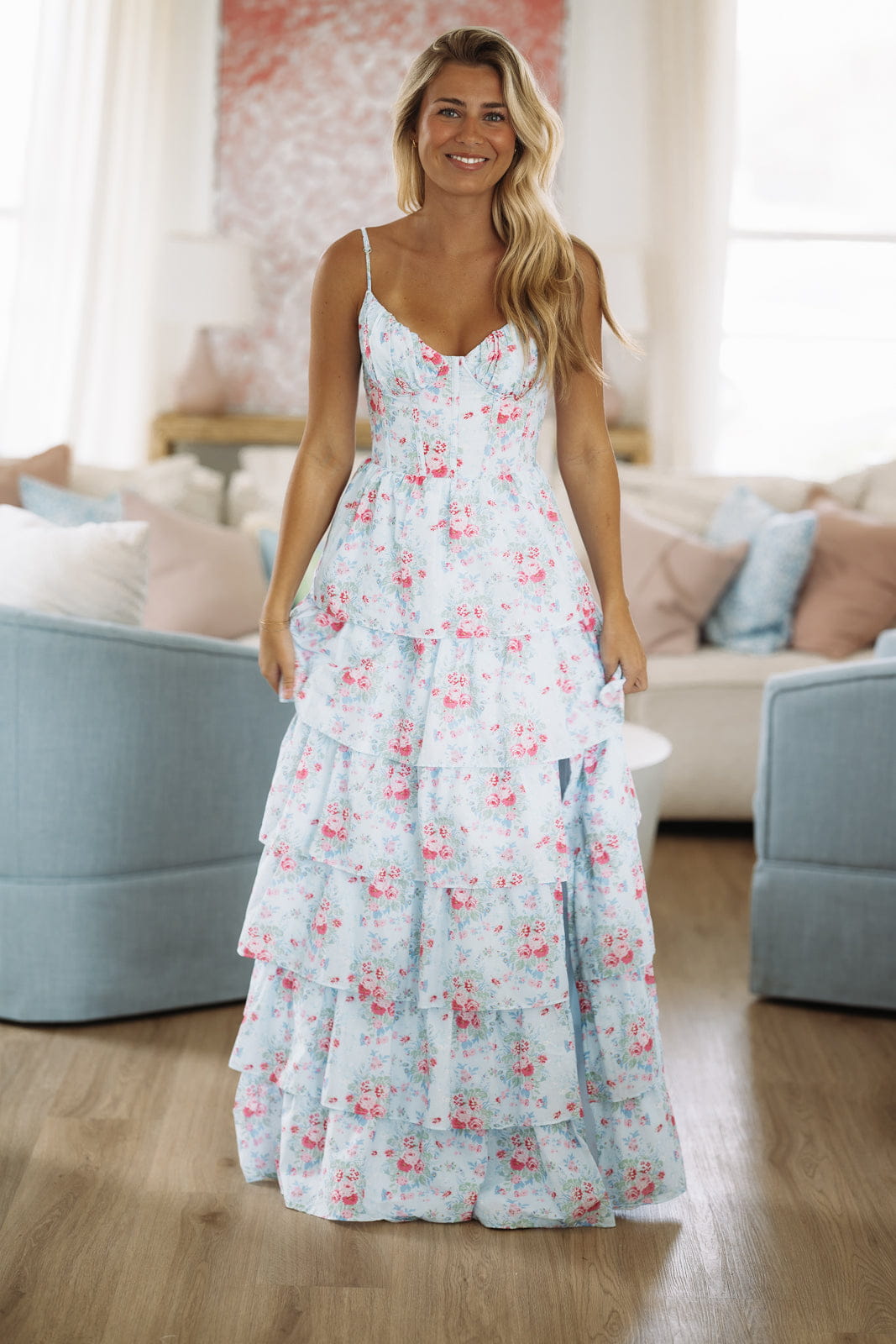 Charlotte Maxi Dress by Amy Jane London - Light Blue, Pink and Red, Small | Hazel and Olive