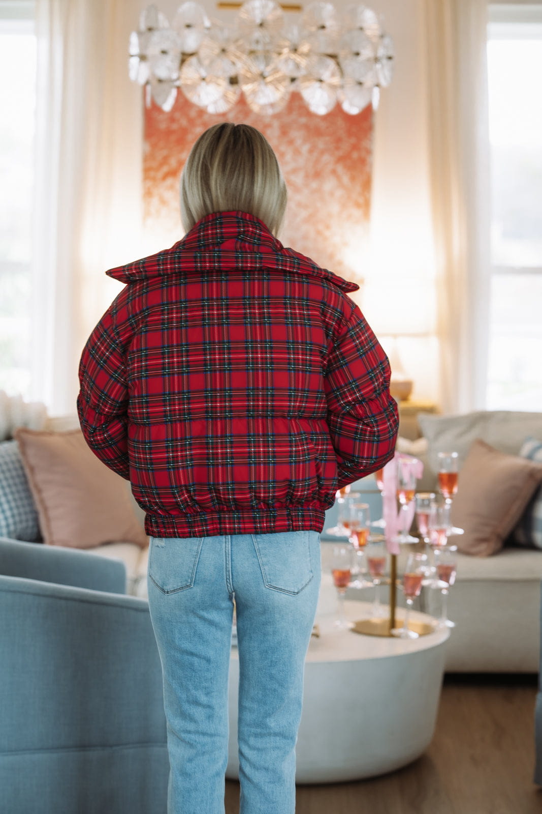 Hazel & Olive CJ6641 Merry Plaid Puffer Jacket - Red