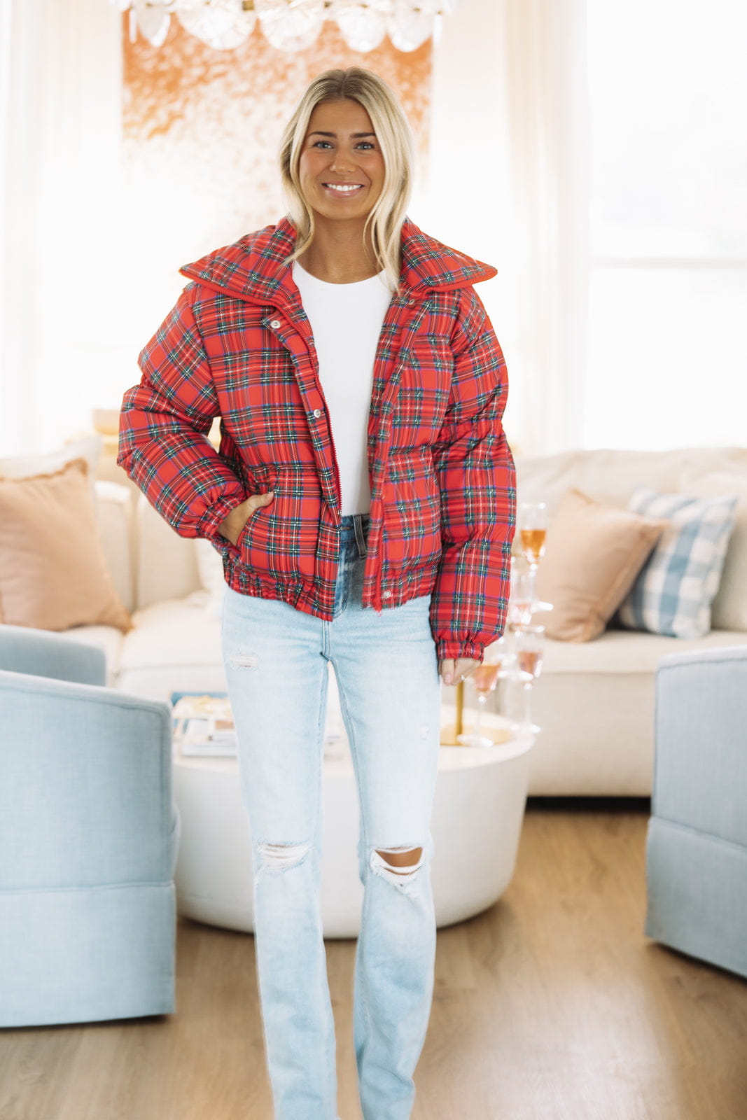 Hazel & Olive CJ6641 Merry Plaid Puffer Jacket - Red