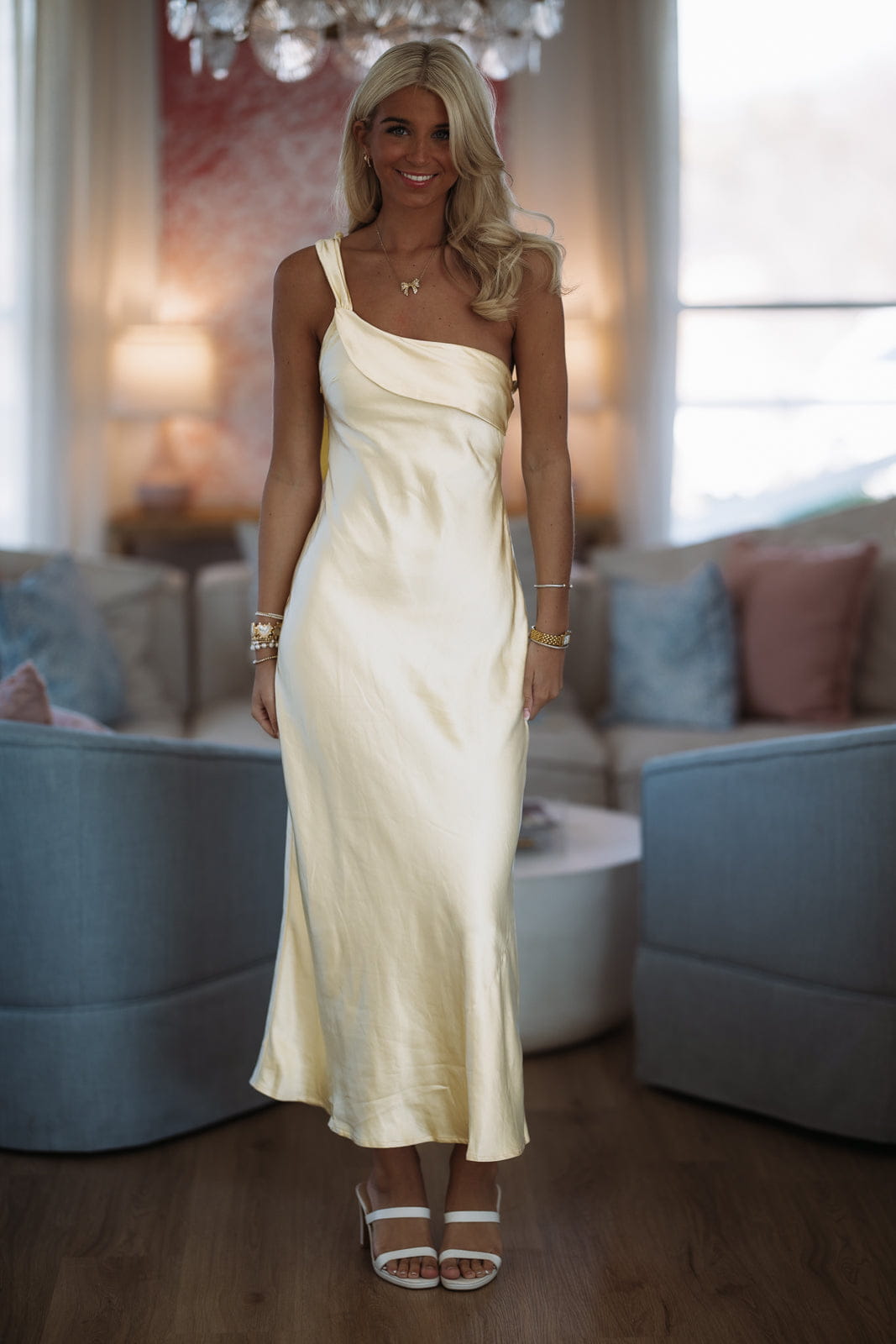 yellow satin maxi dress How Can I Refuse - Butter Yellow, Large | Hazel and Olive Vuori Women's Volley Dress skimming silhouette that ends Swatch:#133132 Color:HEATHER GREY/WHITE STRIPE