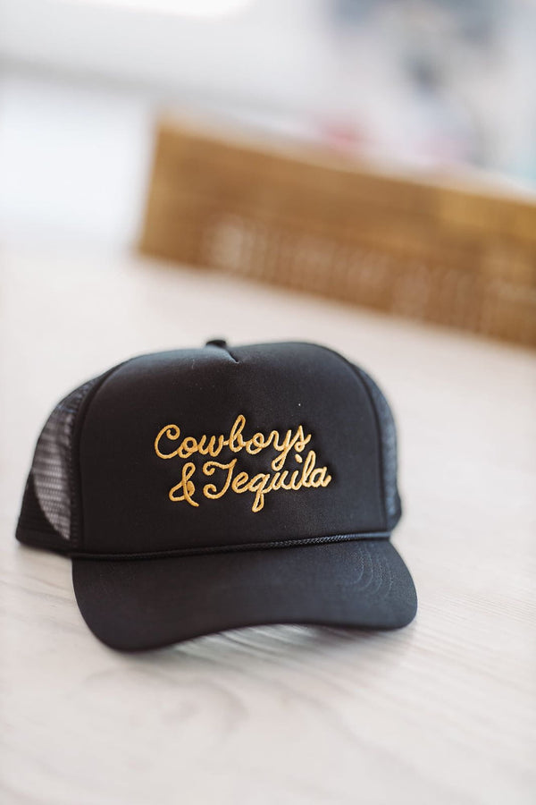 Cowboys & Tequila Embroidered Trucker Hat - Black-HAZEL & OLIVE-