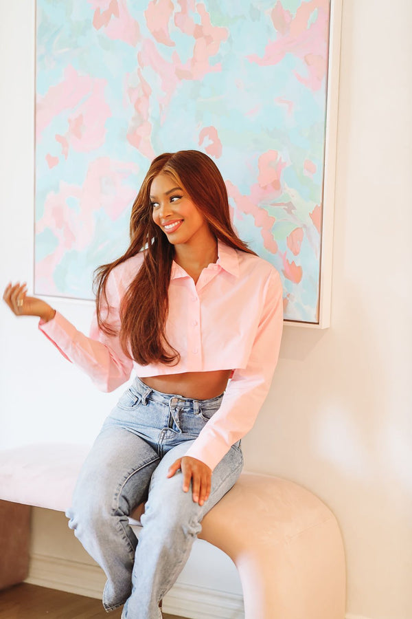 Crop Button Down Classic Shirt - Light Pink (FINAL SALE)-HAZEL & OLIVE-Small-