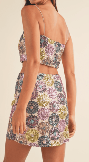 HAZEL & OLIVE Cut Loose Sequin Crop Top and Skirt Set - Pink Multi
