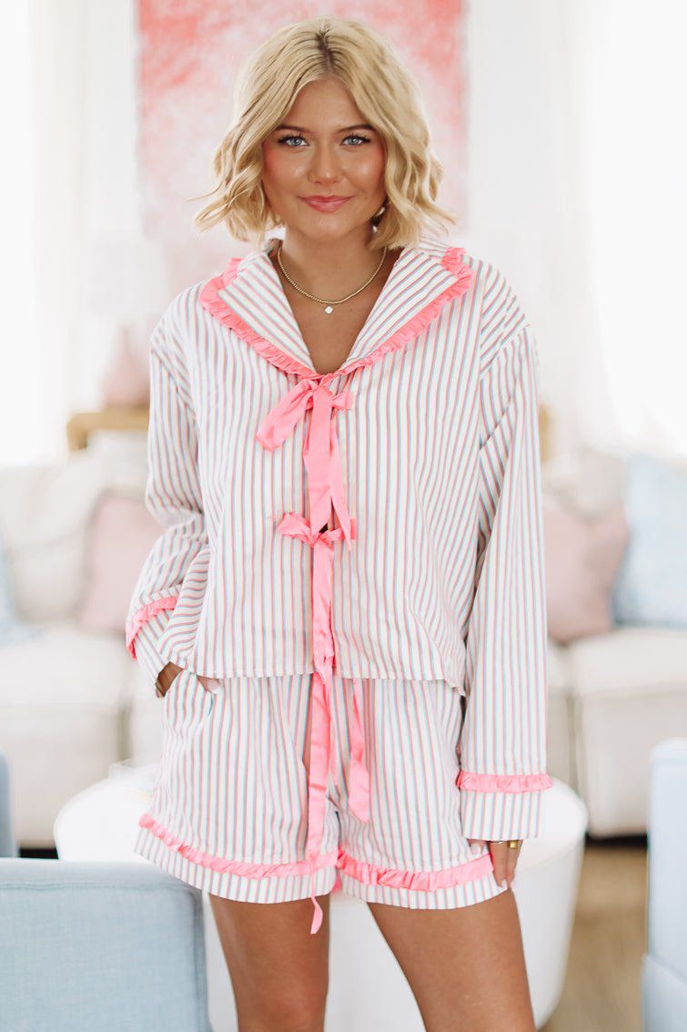 Cutie in Stripes Short and Top Pajama Set - Pink Blue and White (FINAL SALE)-HAZEL & OLIVE-Small-