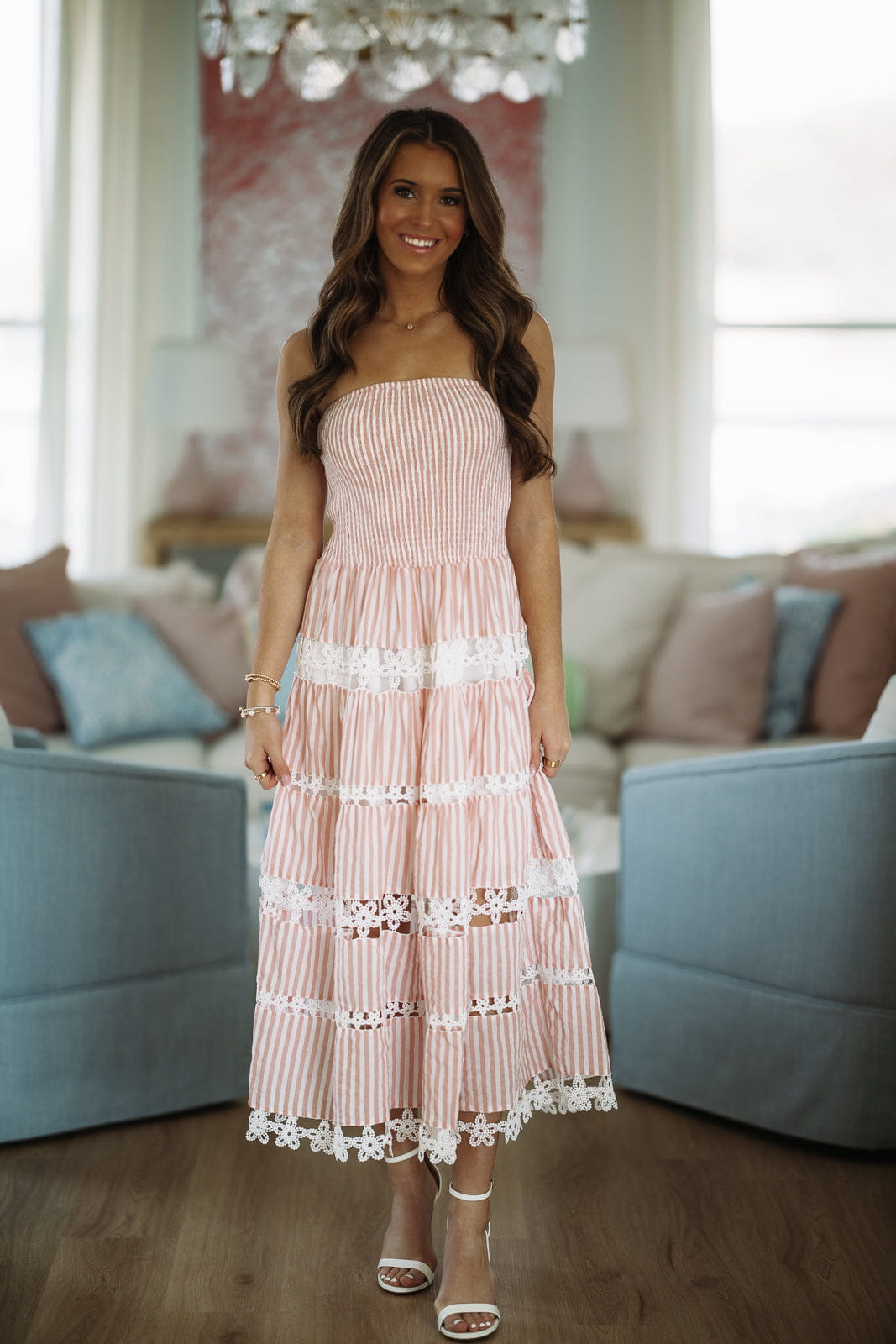 pink and white striped dress Early Dawn Striped Midi Dress - Pink and White, Large | Hazel and Olive