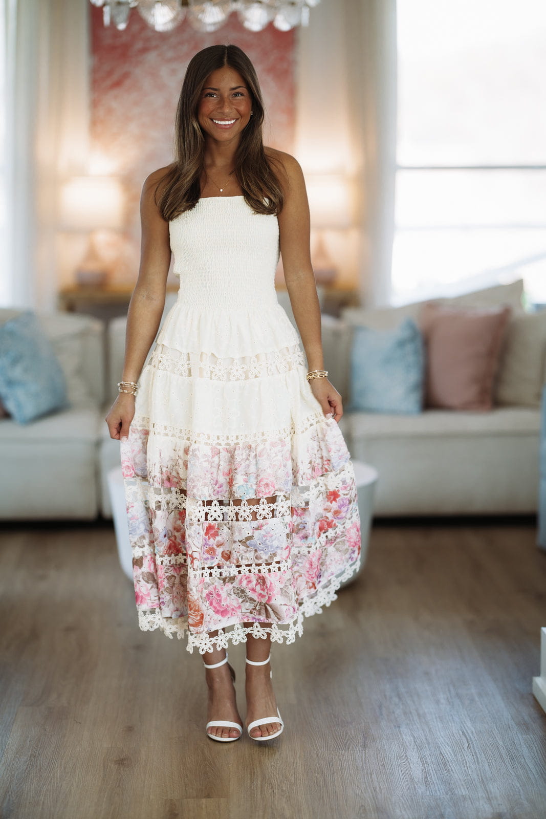 HAZEL & OLIVE D/10919/H Early Evening Midi Dress - Light Beige, Pink and Purple