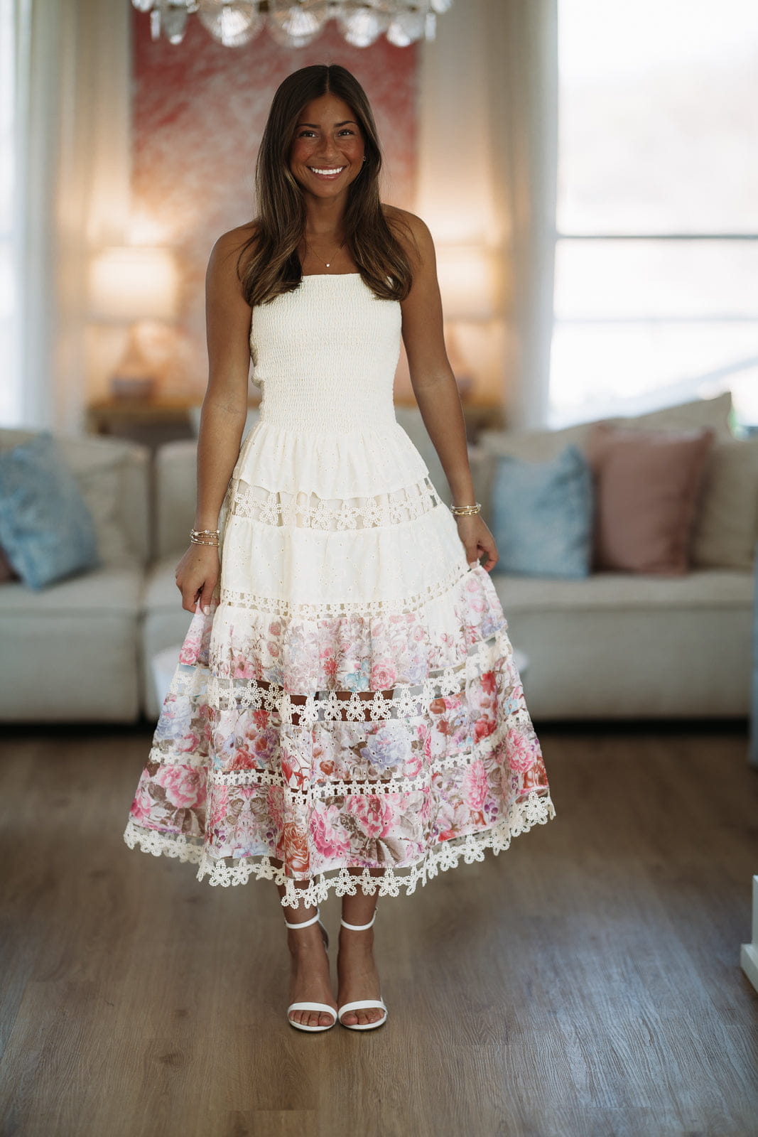 HAZEL & OLIVE D/10919/H Early Evening Midi Dress - Light Beige, Pink and Purple