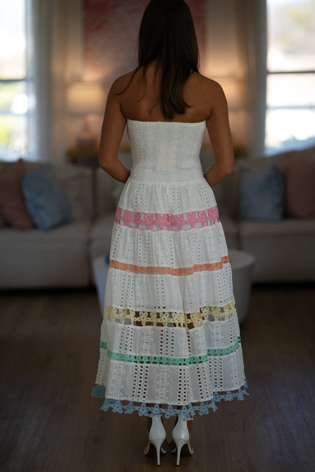 HAZEL & OLIVE D/10919/H Early Evening Midi Dress - White, Pink, Orange, Green and Blue