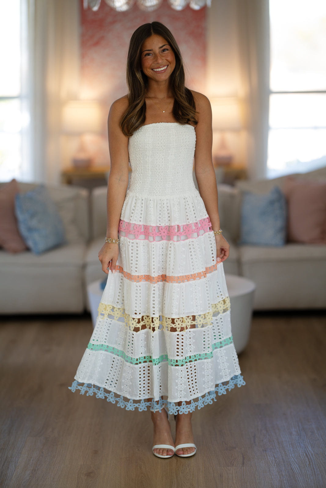 HAZEL & OLIVE D/10919/H Early Evening Midi Dress - White, Pink, Orange, Green and Blue