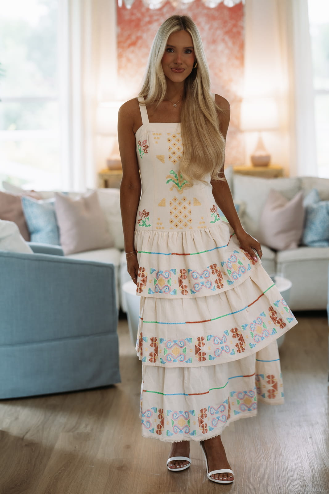 Cross-Stitched Meadow Maxi Dress - Ecru, Yellow, Green and Blue