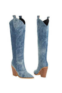 Denim Cowboy Western Boots - Medium Light Wash-HAZEL & OLIVE-6-