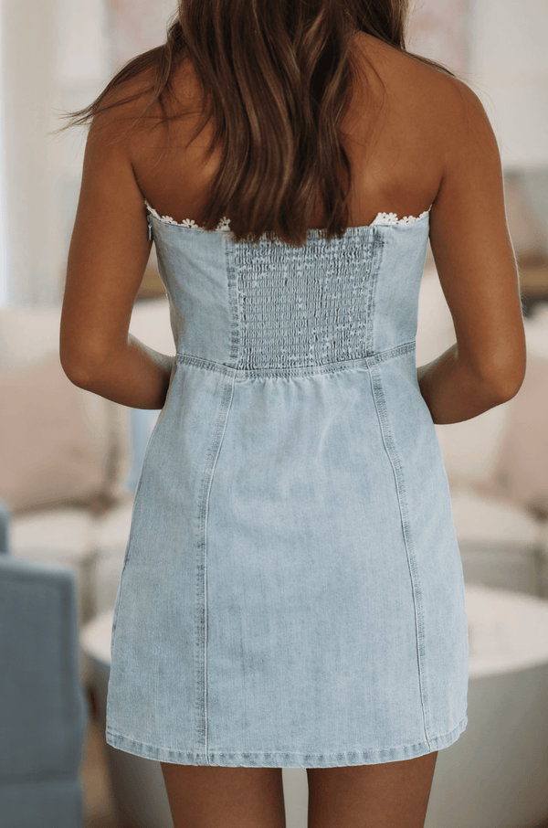 Hazel & Olive DM1536 Cool Girl Denim Lace Mini  Dress - Washed Denim