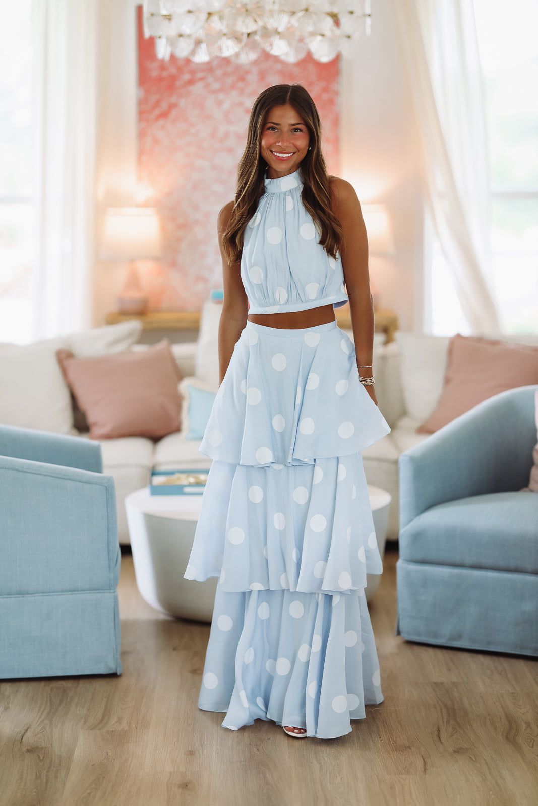 Dots For Days Top and Maxi Skirt Set - Light Blue and White