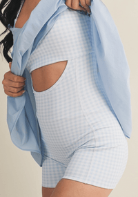 Hazel & Olive DP20051/BLUE Double Layered Active Romper Dress - Blue and White