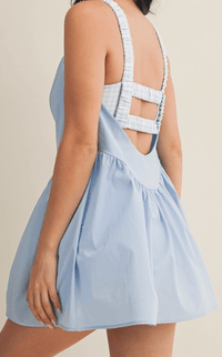 Hazel & Olive DP20051/BLUE Double Layered Active Romper Dress - Blue and White