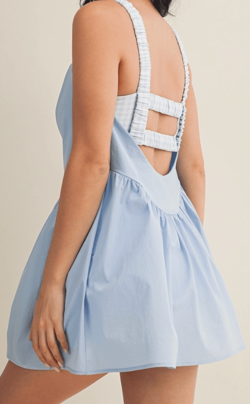 Hazel & Olive DP20051/BLUE Double Layered Active Romper Dress - Blue and White