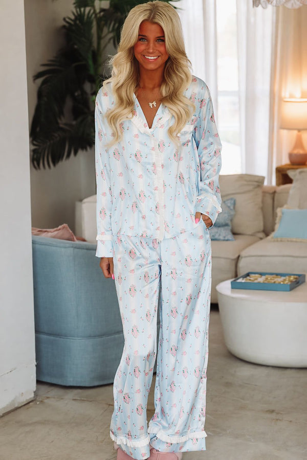 Dreaming of Bouquets Pajama Pant and Top Set - Blue-HAZEL & OLIVE R30003PJ/03-Small-