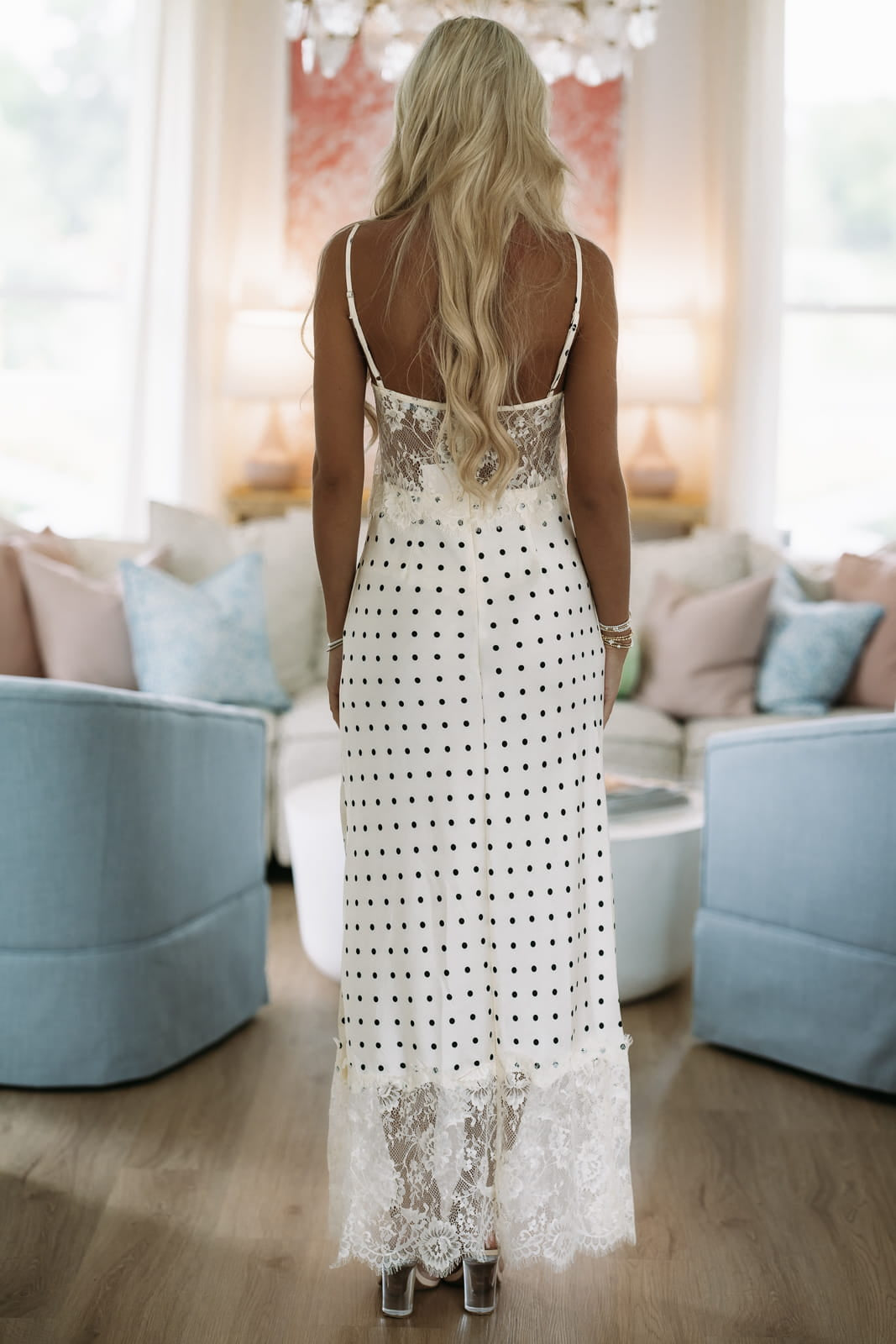 Hazel & Olive ED1957/1/CR A Polka Dot Satin Sunset Maxi Dress - Cream and Black