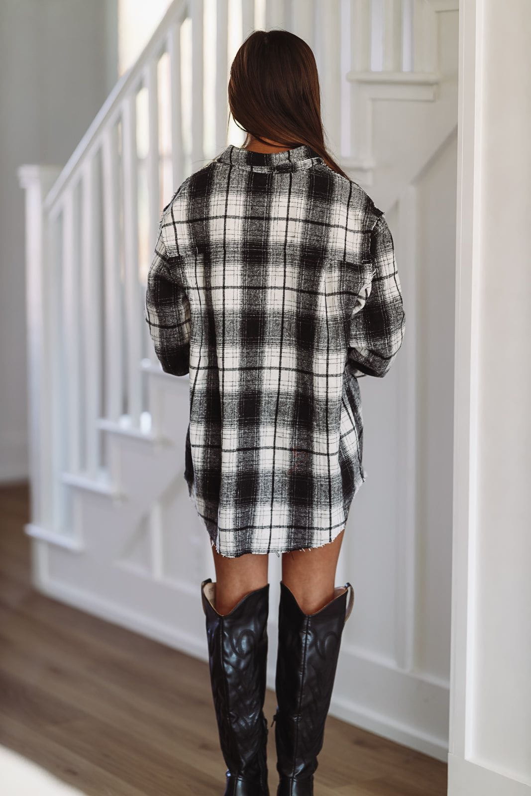 Fall Flannel Shirt Mini Dress - Ivory and Black-HAZEL & OLIVE-Small-