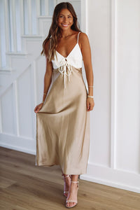 Fashionably On Time Satin Midi Dress - Ivory and Taupe-HAZEL & OLIVE-Small-